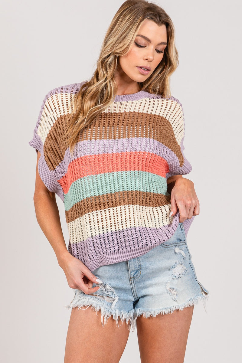Color Block Striped Crochet Sweater