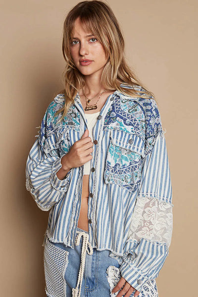 POL Printed Woven Mix Raw Hem Jacket with Lace Detail – Wild