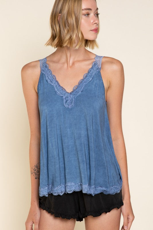 POL Lace Trim Halter Top with Back Strap