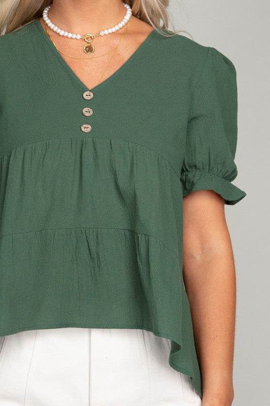 Casual Button Front Puff Sleeve Blouse