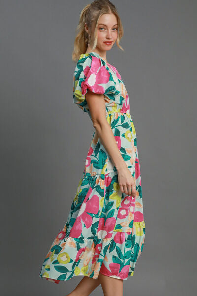 Umgee Full Size Printed Notched Puff Sleeve Midi Dress Plus Size