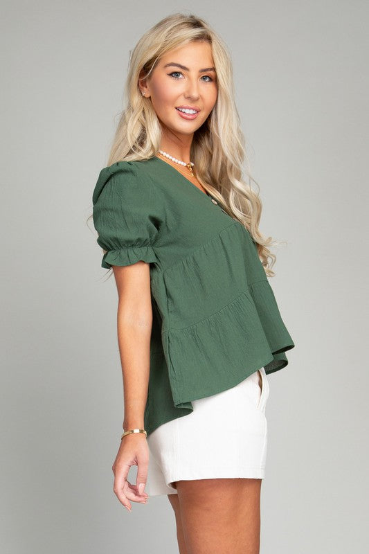 Casual Button Front Puff Sleeve Blouse