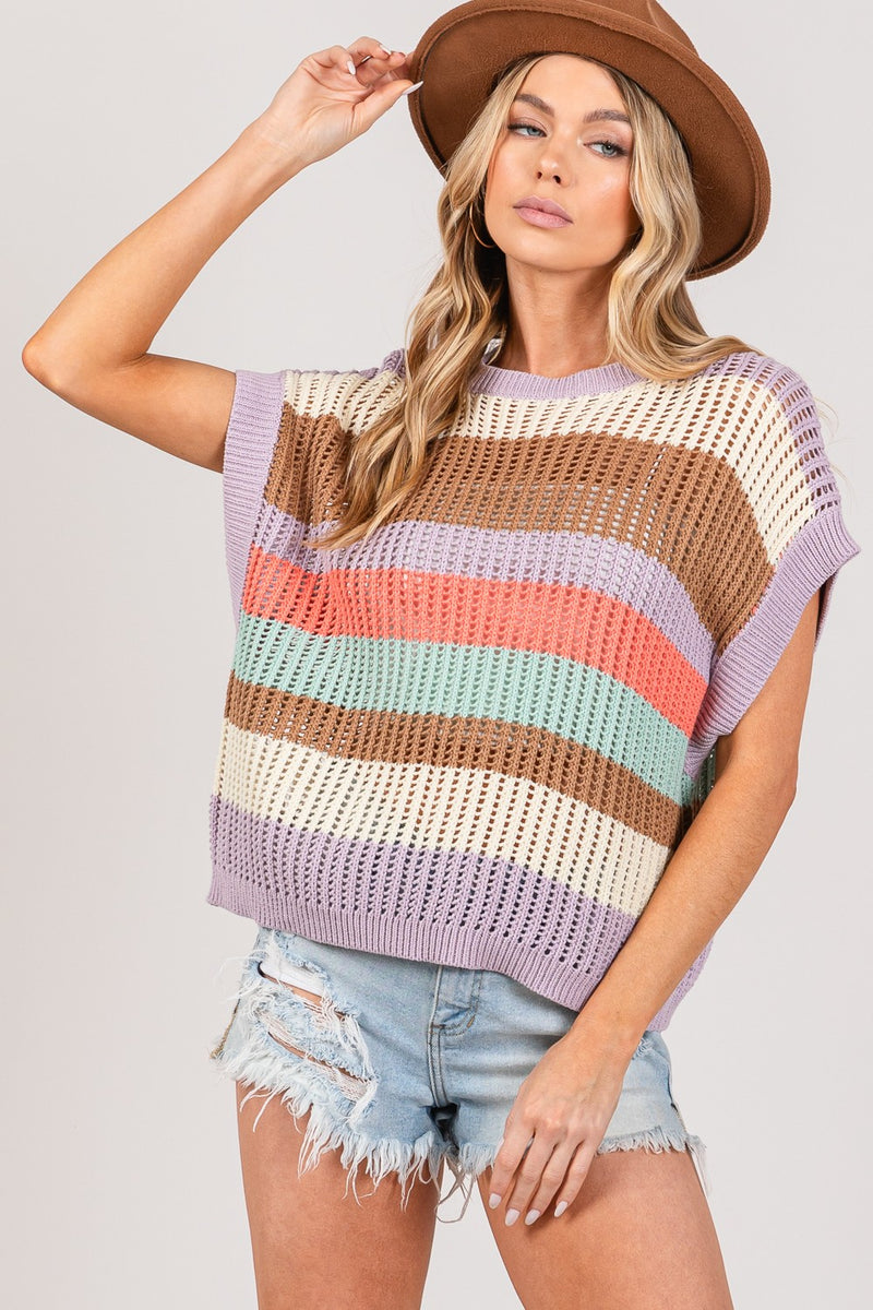 Color Block Striped Crochet Sweater