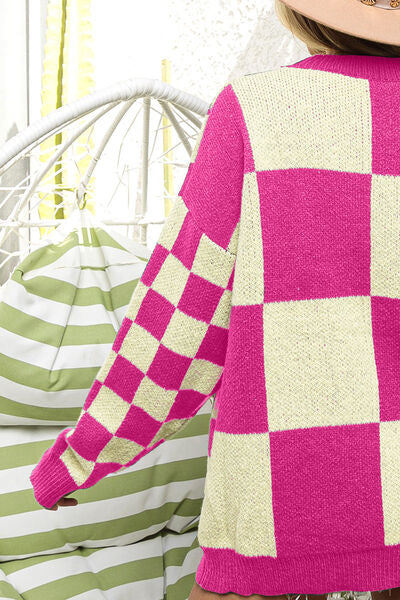 Pretty in Pink Checkered Contrast Cardigan