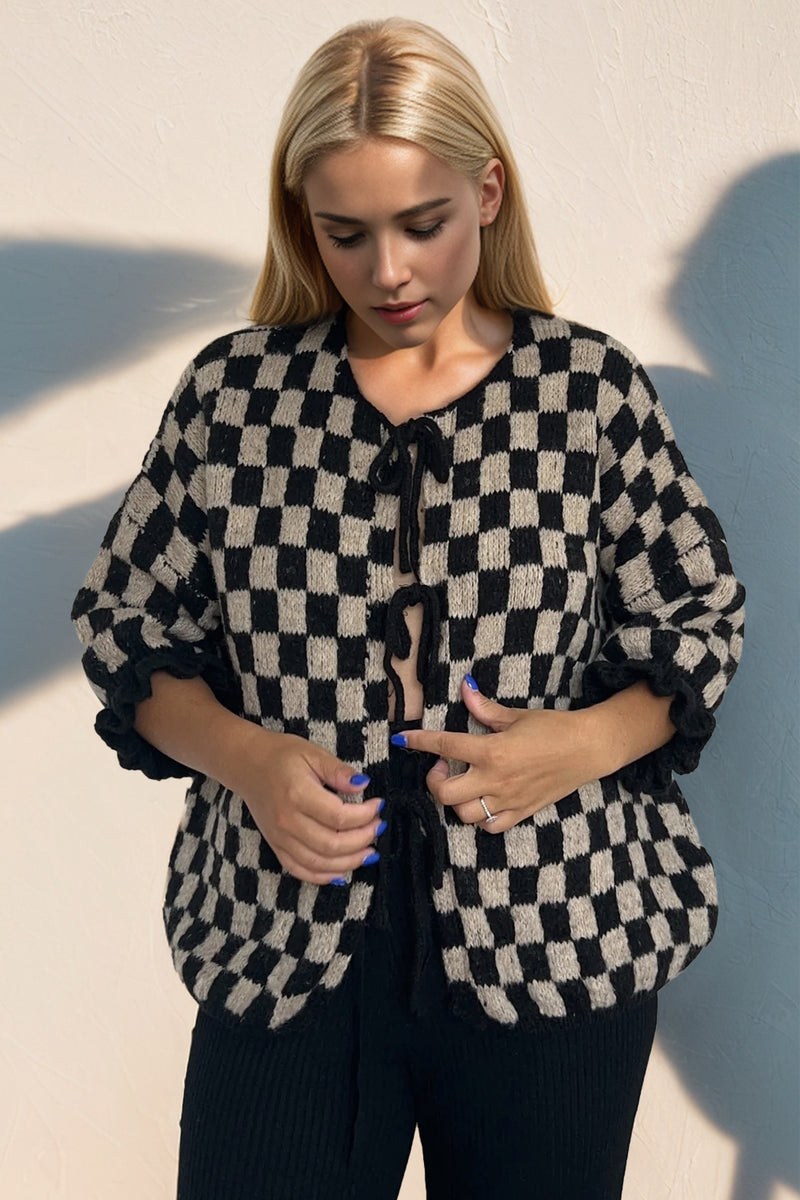 7 COLORS Checkered Dropped Shoulder Flounce Sleeve Cardigan