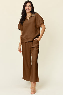 *8 COLORS* Textured  Half Zip Short Sleeve Top and Pants Set