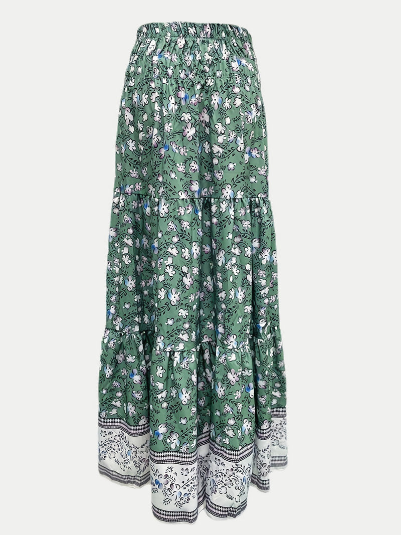 Boho Tiered Printed Elastic Waist Skirt