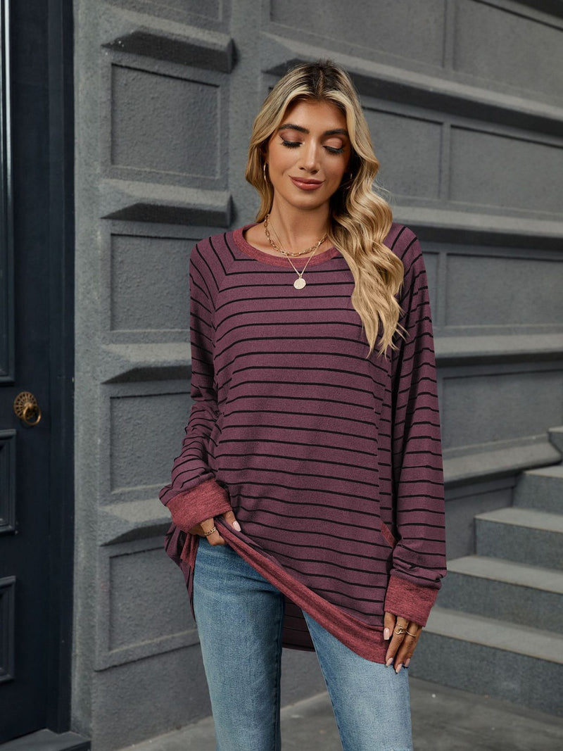 *8 COLORS* Pocketed Striped Round Neck Long Sleeve Top