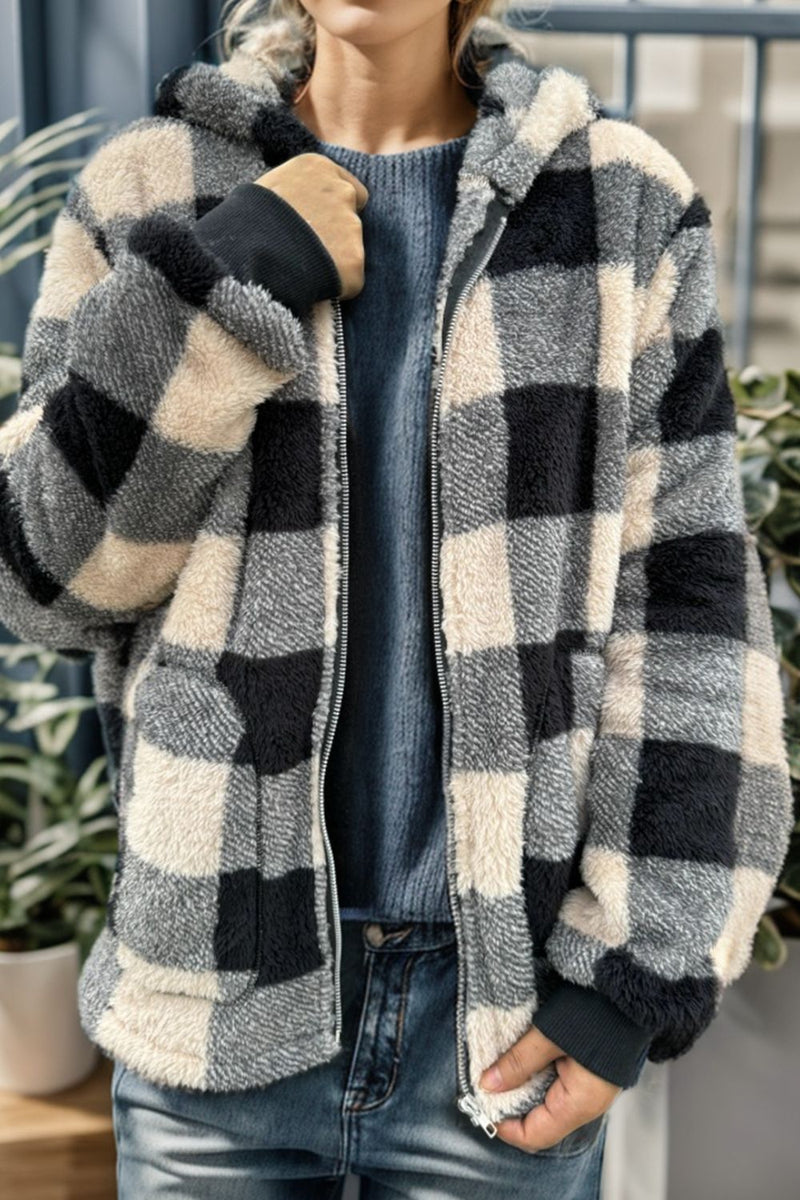 4 COLORS - Plaid Long Sleeve Hooded Coat