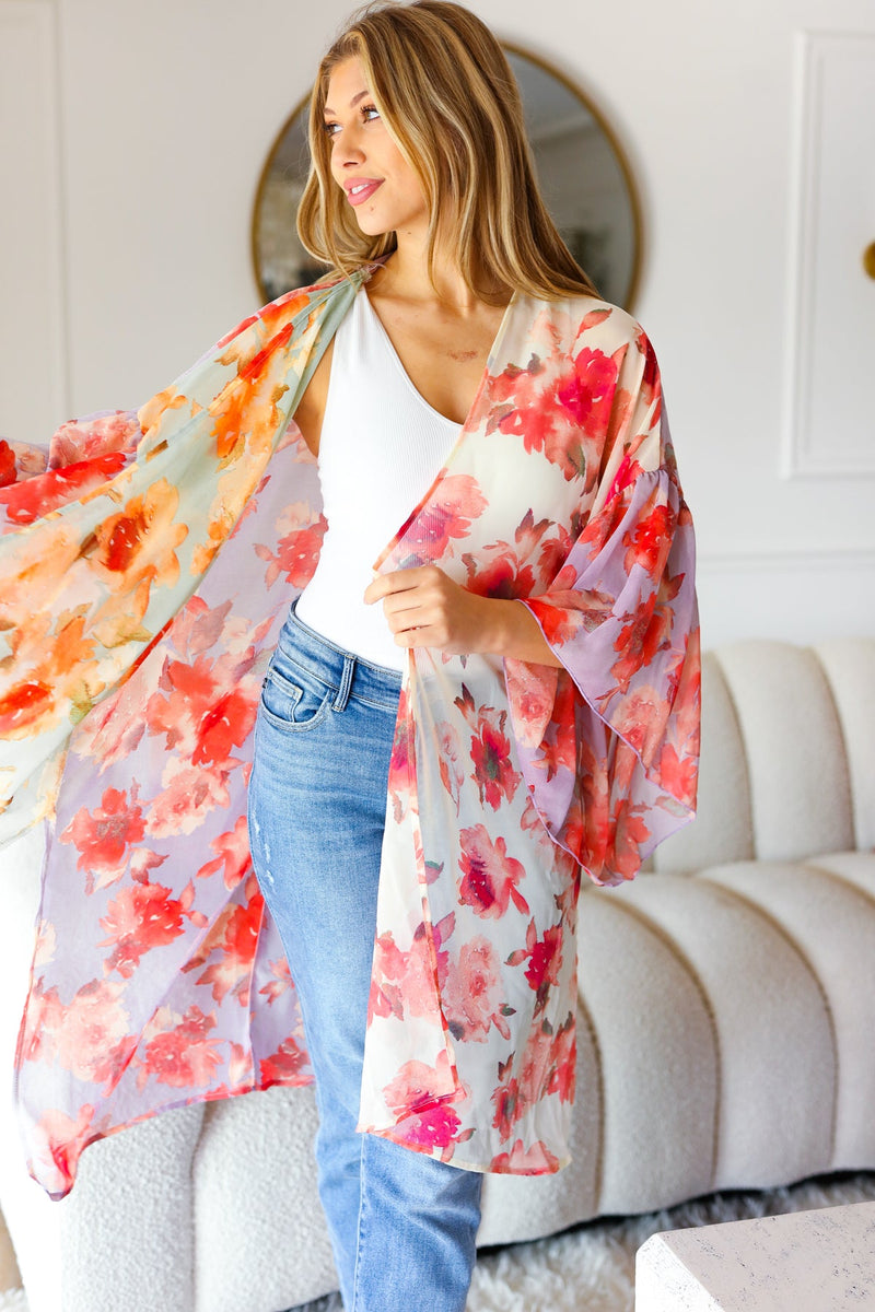 Sand & Fuchsia Floral Print Chiffon Cover Up Kimono