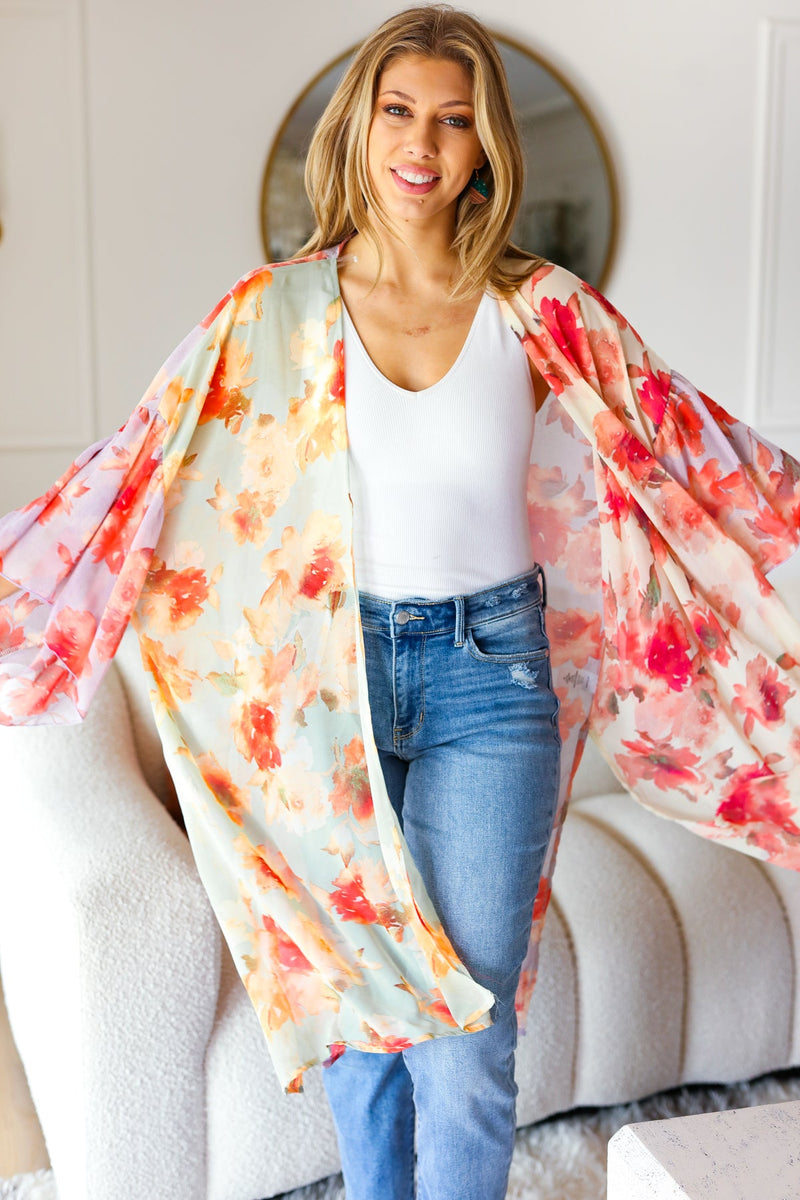 Sand & Fuchsia Floral Print Chiffon Cover Up Kimono