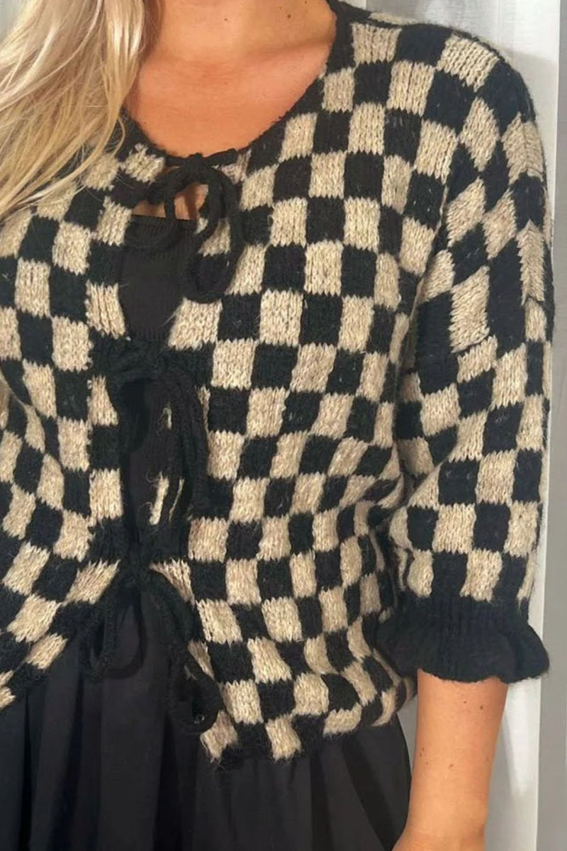 7 COLORS Checkered Dropped Shoulder Flounce Sleeve Cardigan