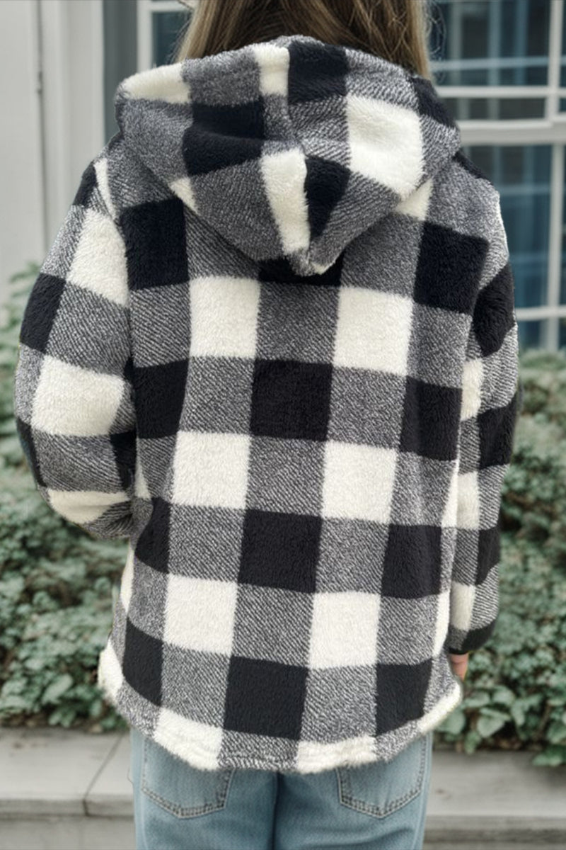 4 COLORS - Plaid Long Sleeve Hooded Coat