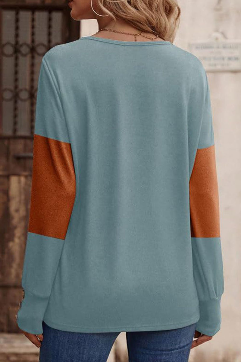 Decorative Button Contrast V-Neck Long Sleeve Top