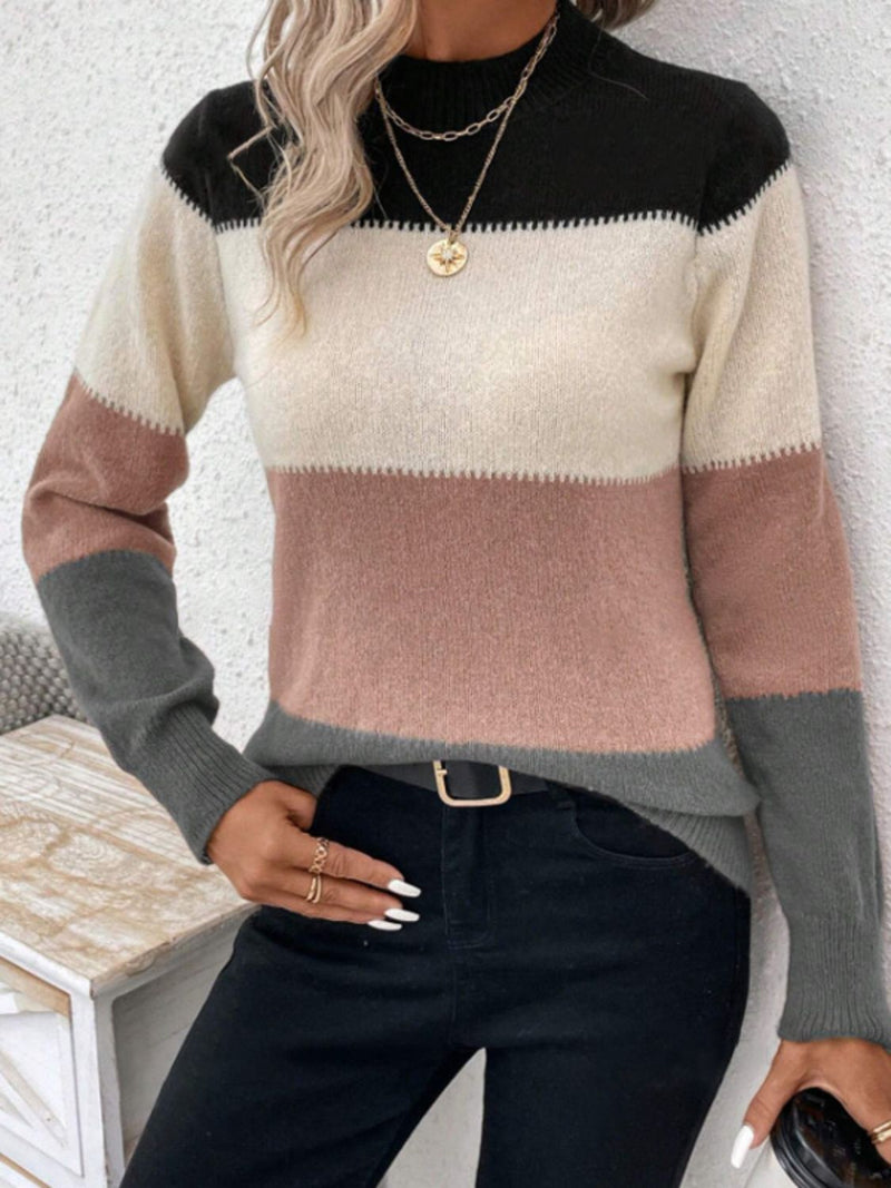 6 COLORS Color Block Mock Neck Long Sleeve Sweater