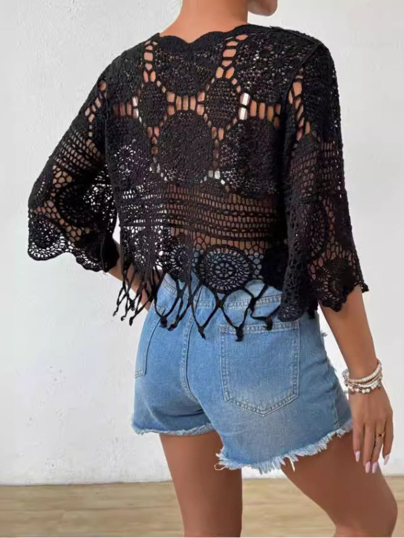 *2 COLORS* Festival Vibes Openwork Round Neck Top