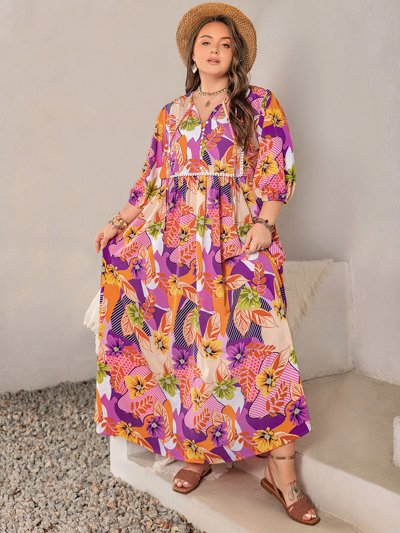 Plus Goddess Printed Tie Neck Maxi Dress