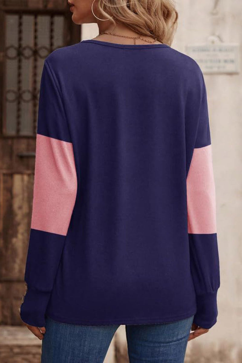 Decorative Button Contrast V-Neck Long Sleeve Top