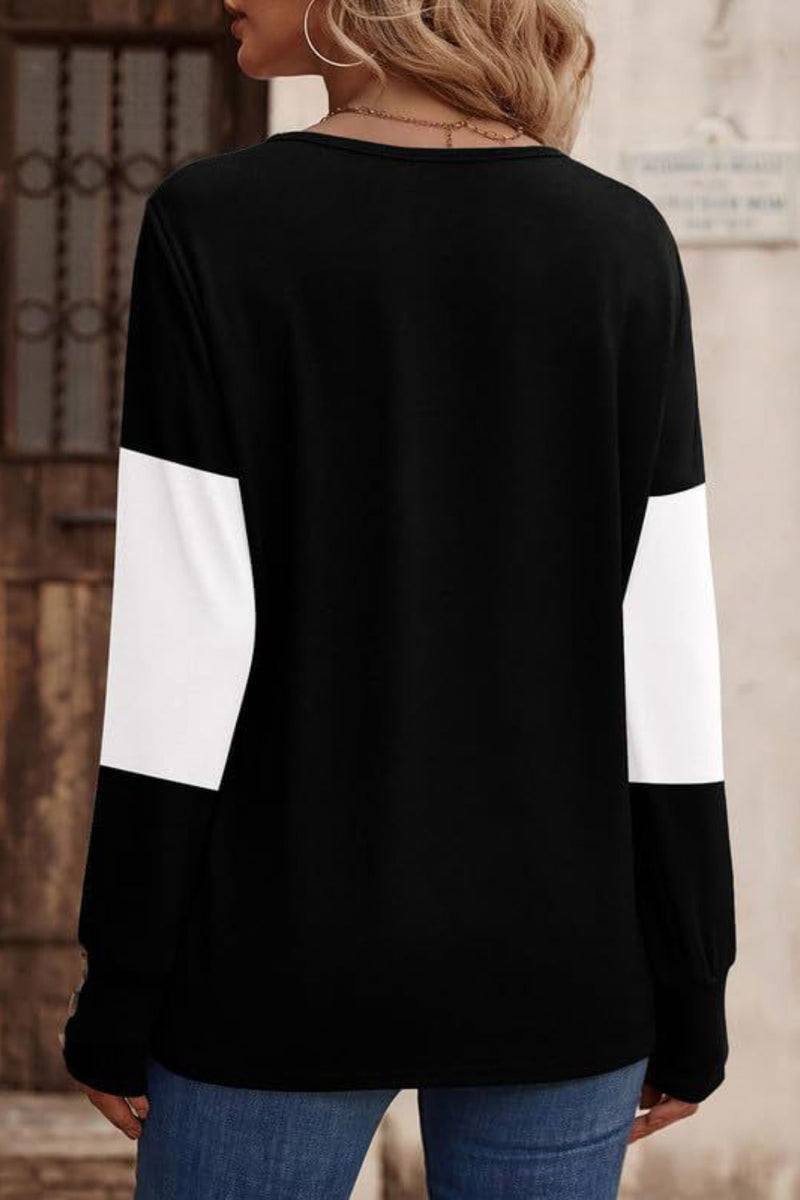 Decorative Button Contrast V-Neck Long Sleeve Top