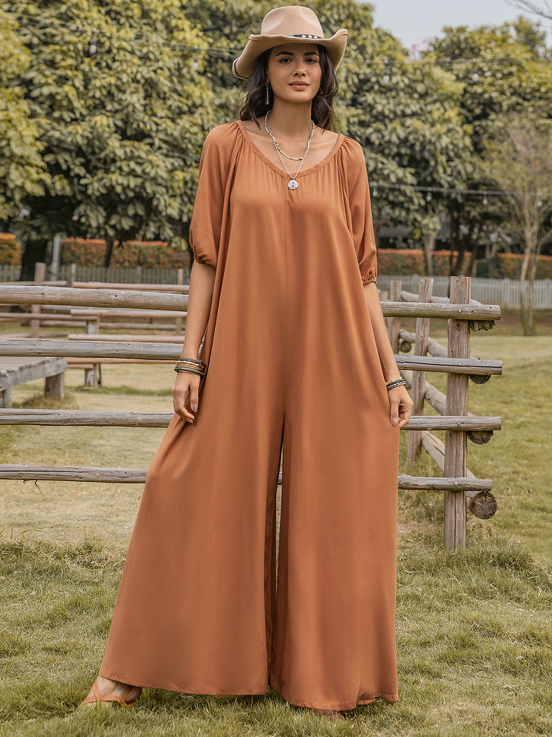 Teacher Approved Neck Half Sleeve Wide Leg Jumpsuit