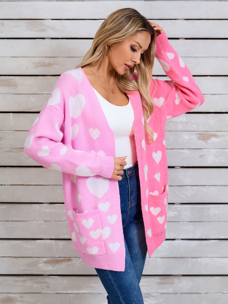 3 COLORS Heart Open Front Long Sleeve Cardigan