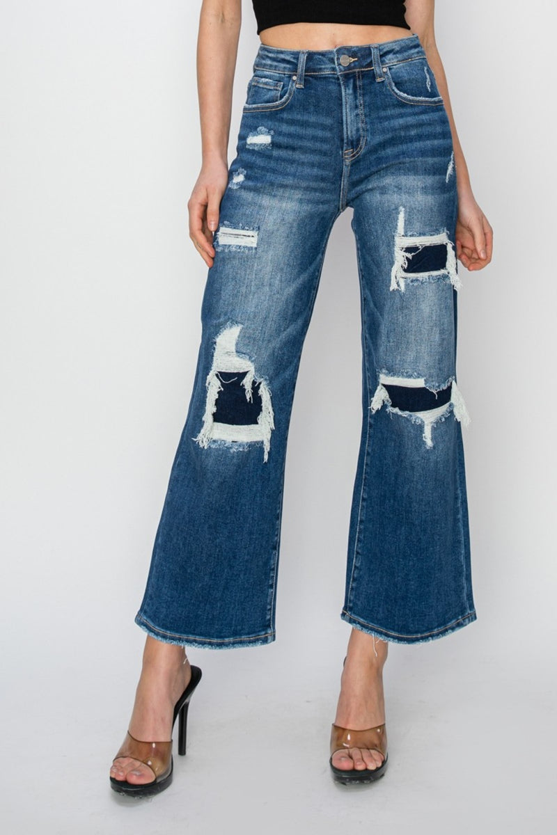 High Rise Patch Detailed Wide Leg Crop Jeans