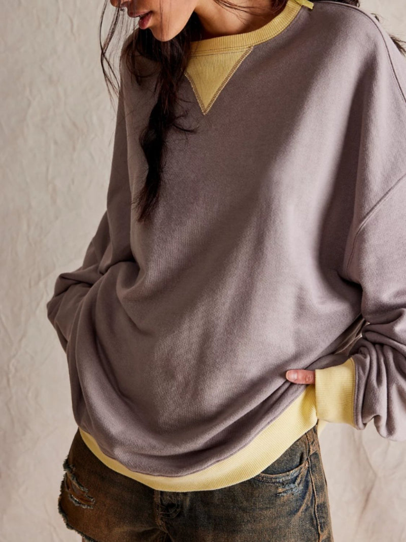 *6 COLORS* Contrast Trim Round Neck Long Sleeve Sweatshirt