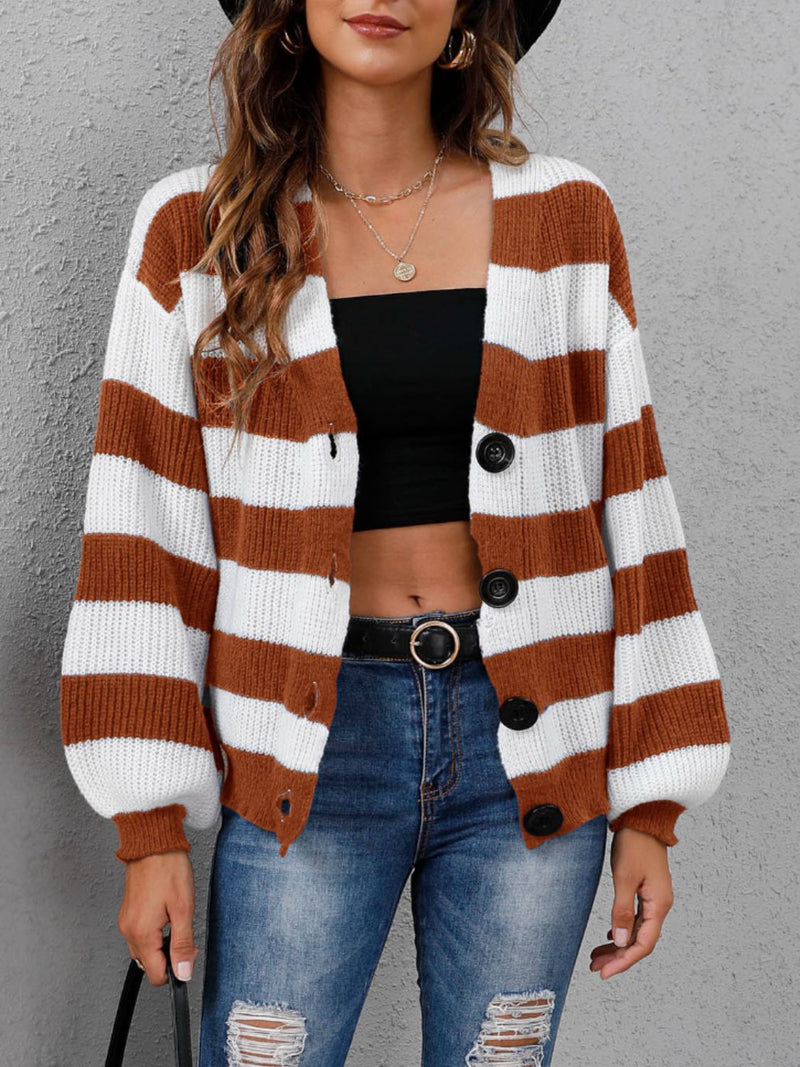 4 COLORS - Striped Button Up Long Sleeve Sweater