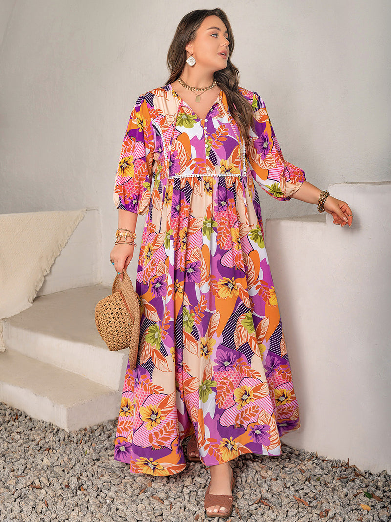 Plus Goddess Printed Tie Neck Maxi Dress