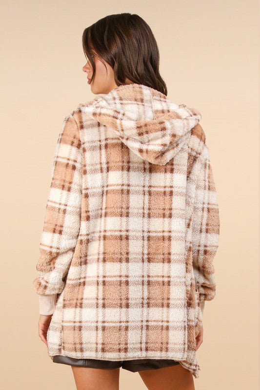 Fuzzy Plaid Long Sleeve Hooded Jacket