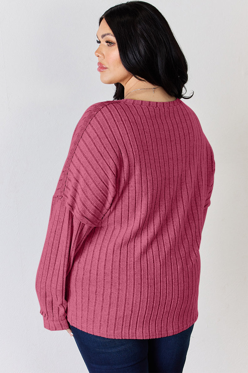 Ribbed Half Button Long Sleeve Top