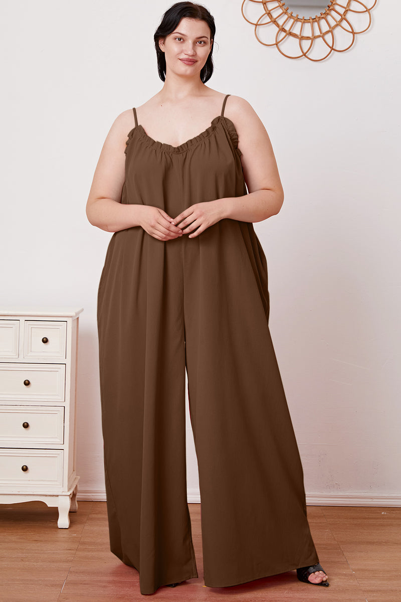 2 COLORS -  Ruffle Trim Tie Back Cami Jumpsuit with Pockets