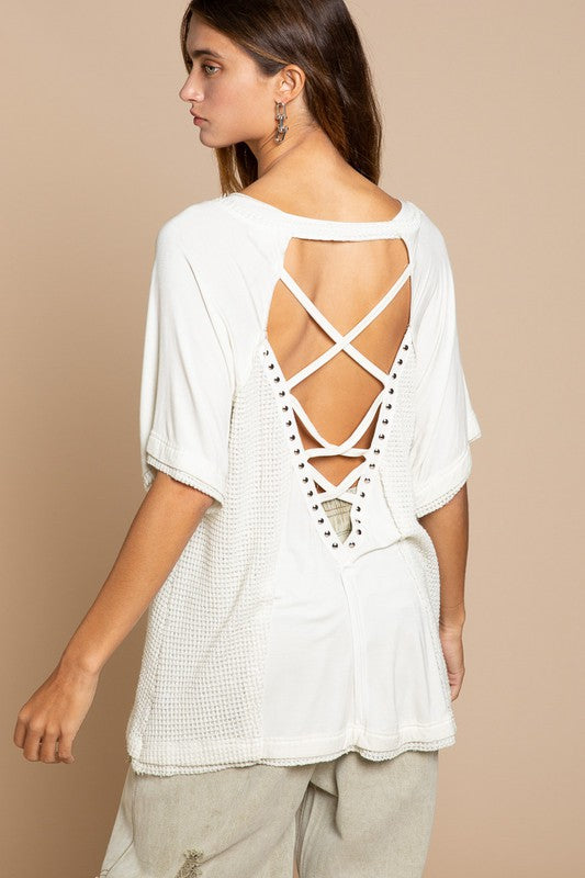 POL Studded Strappy Back Waffle Mixed Knit Top