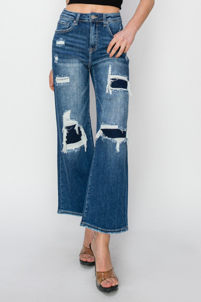 High Rise Patch Detailed Wide Leg Crop Jeans