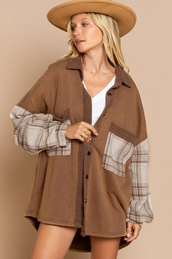 POL Long Sleeve With Plaid Detail Sleeve Shacket