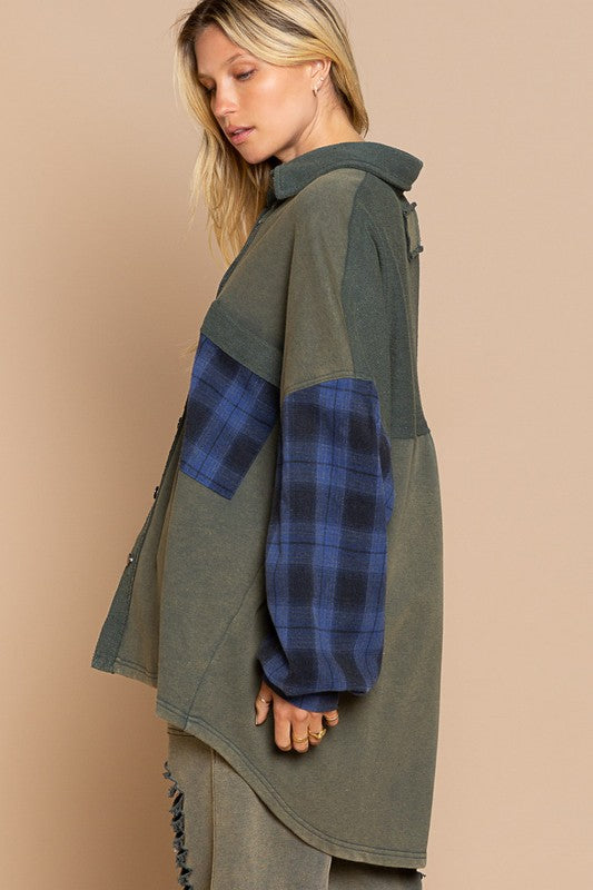 POL Long Sleeve With Plaid Detail Sleeve Shacket