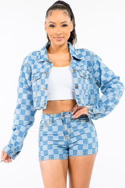 Checkered Long Sleeve Cropped Denim Jacket