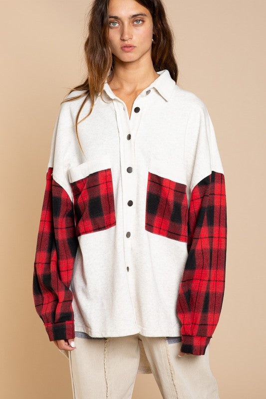 POL Long Sleeve With Plaid Detail Sleeve Shacket