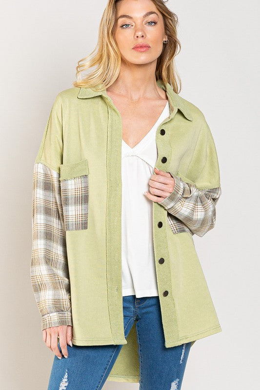 POL Long Sleeve With Plaid Detail Sleeve Shacket