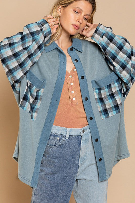 POL Long Sleeve With Plaid Detail Sleeve Shacket