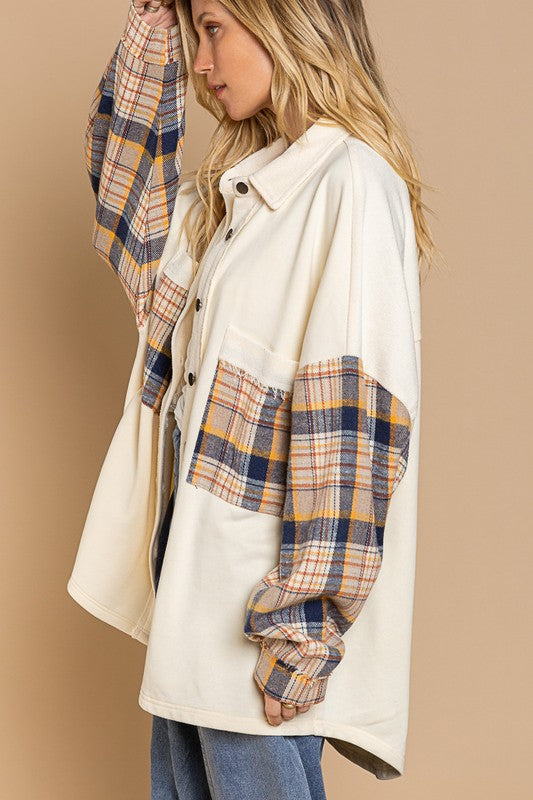 POL Long Sleeve With Plaid Detail Sleeve Shacket