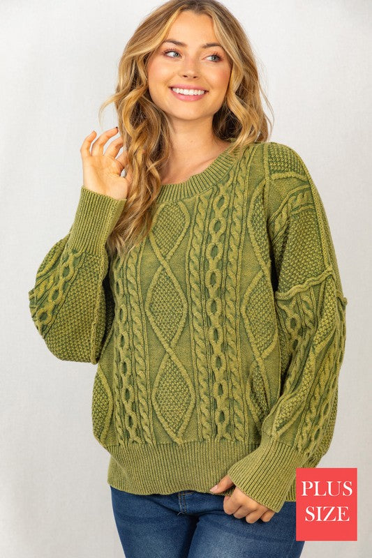Plus Olive Mineral Washed Cable Sweater
