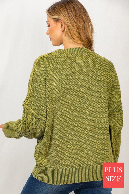 Plus Olive Mineral Washed Cable Sweater