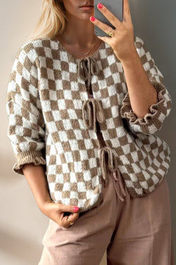 7 COLORS Checkered Dropped Shoulder Flounce Sleeve Cardigan