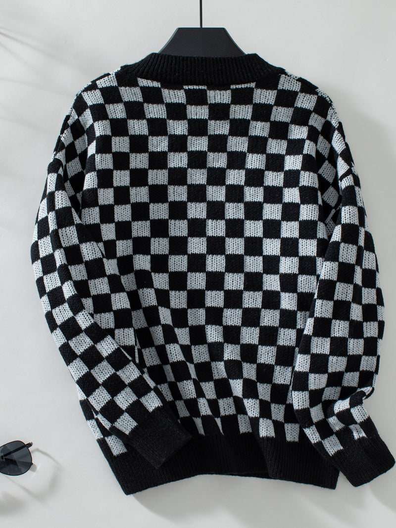 3 COLORS Checkered V-Neck Dropped Shoulder Sweater