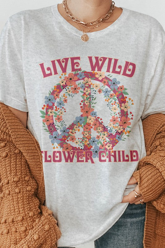 Live Wild Flower Child Peace Sign Graphic Tee