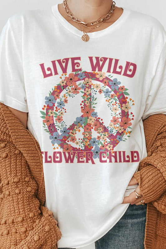 Live Wild Flower Child Peace Sign Graphic Tee