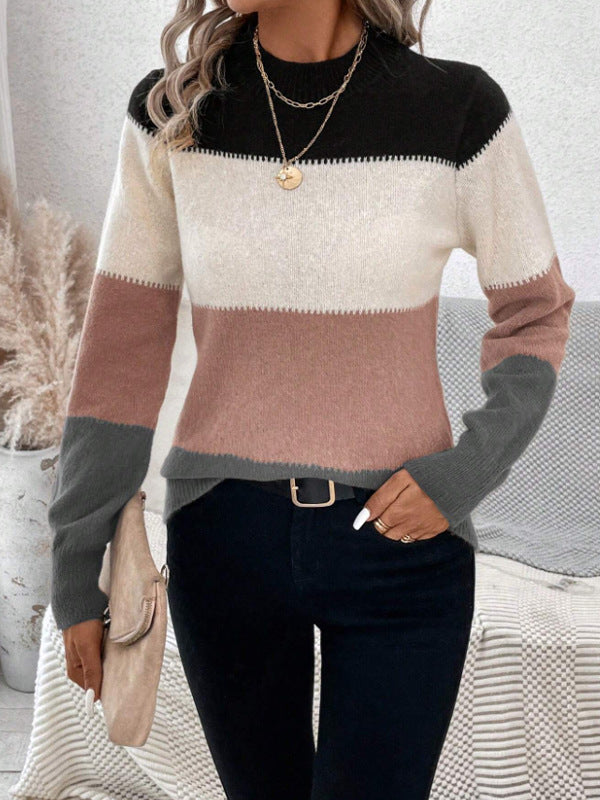 6 COLORS Color Block Mock Neck Long Sleeve Sweater