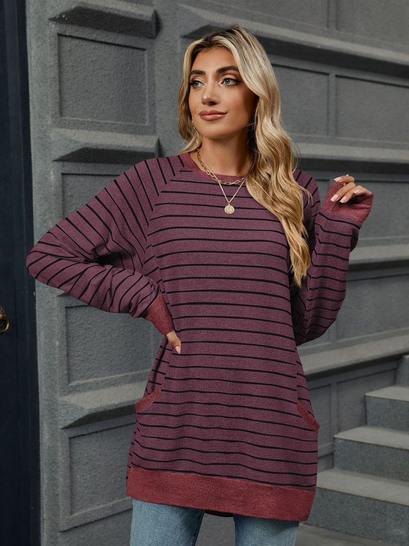 *8 COLORS* Pocketed Striped Round Neck Long Sleeve Top