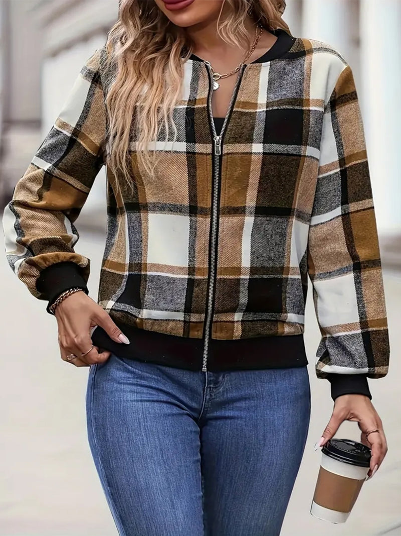 3 COLORS Plus Size Plaid Baseball Collar Zip Up Jacket